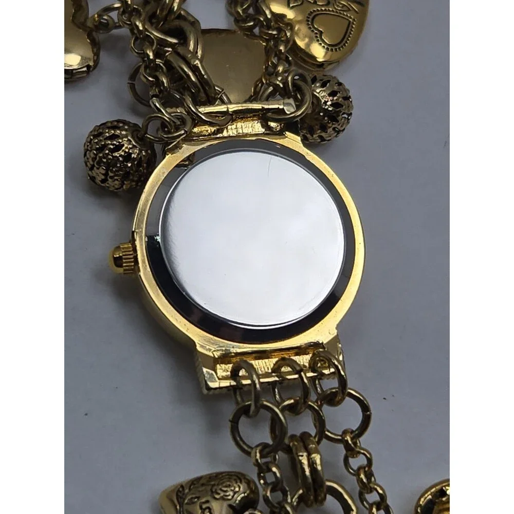 Womens Vintage Gold Tone Hearts Lockets Charms Bracelet Quartz Watch New Battery